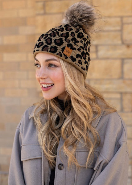 Leopard Pom Beanie - Tan – Impulse of Jasper