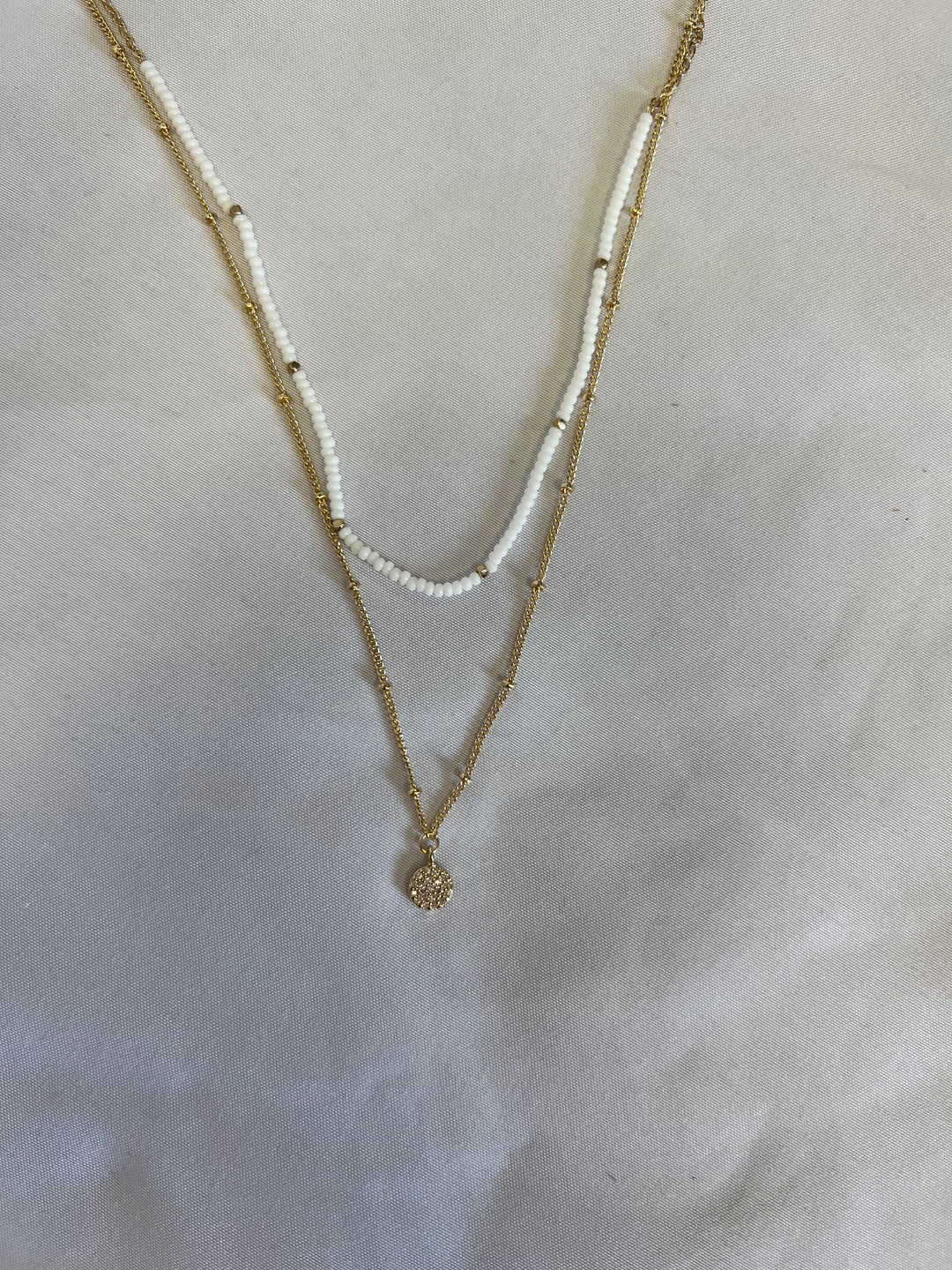 Beaded Layered Disk Necklace - Gold White