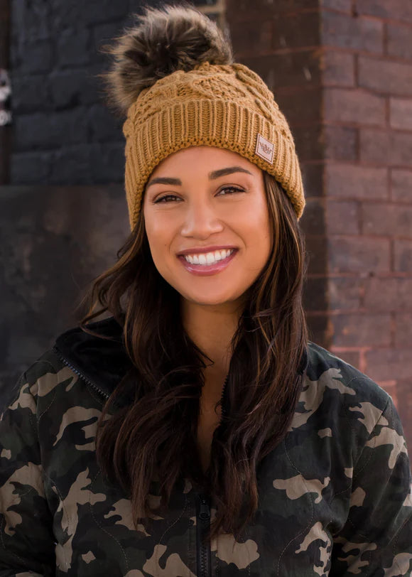 Cable Pom Beanie - Camel