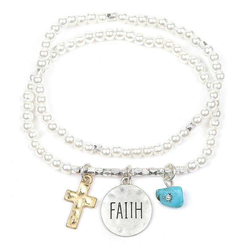 Faith Pearl Charm Bracelet Silver