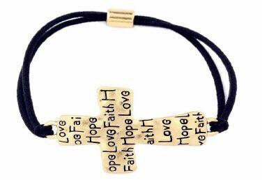 Hope Faith Love Cross Stretch Band Bracelet Gold