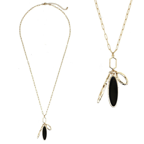Stone Chain Link Long Necklace - Gold Black
